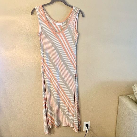 Calvin Klein Dress Sz 6 T-Shirt Dress Midi Striped Peach Grey Sleeveless - Picture 3 of 14